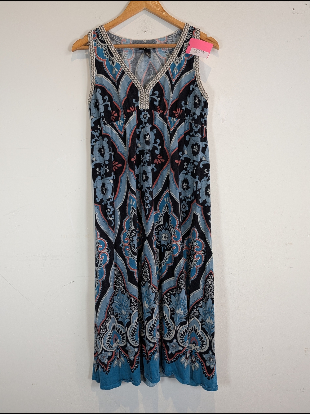 Lucky Brand Blue and Black Patterned Sleeveless Maxi Dress, Size M